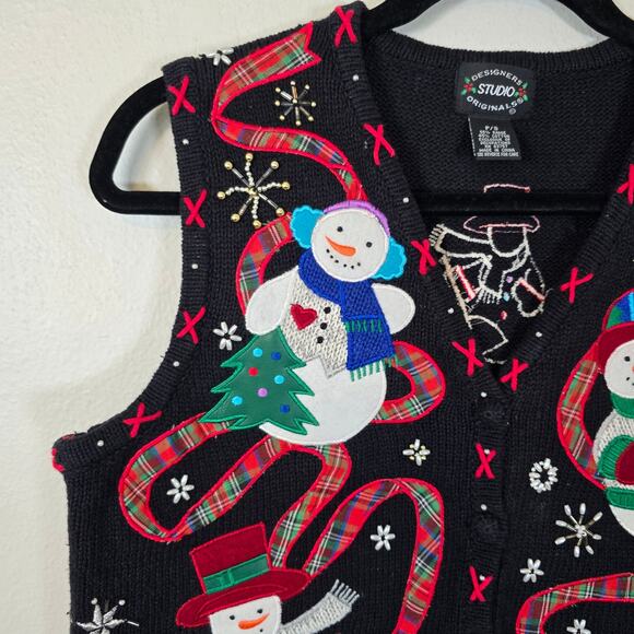 Vintage Designers Originals Studio Sweater Vest Womens S Festive Snowmen Winter - Picture 9 of 10